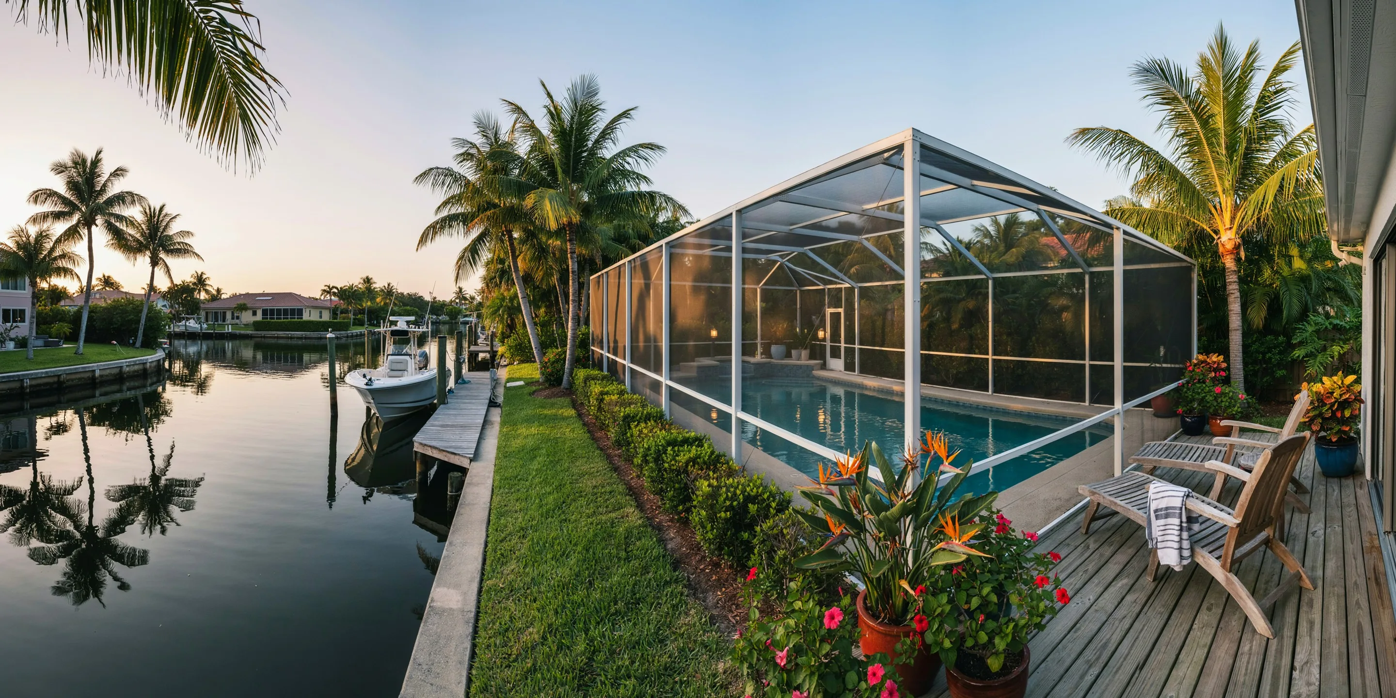 Canal-front home with pool cage on Lido Key, FL