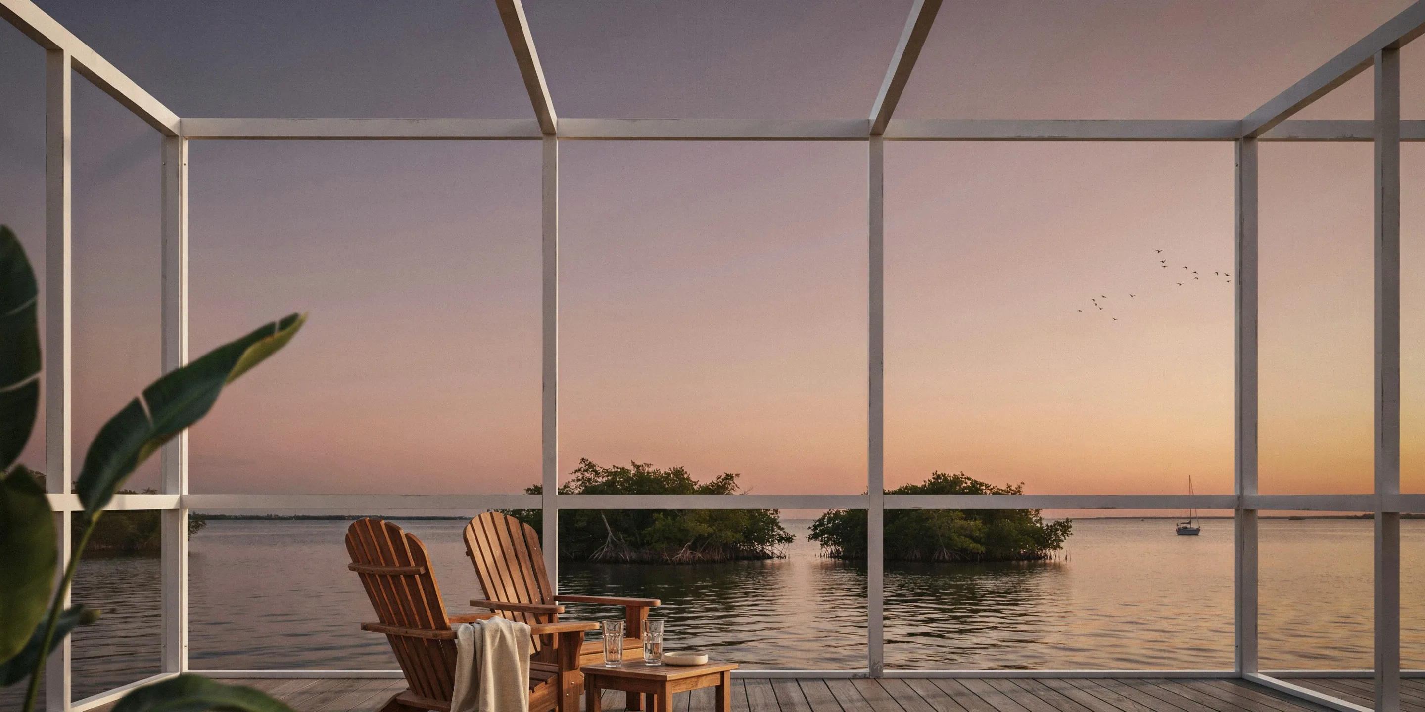 Bayside screened deck at sunset on Longboat Key, FL