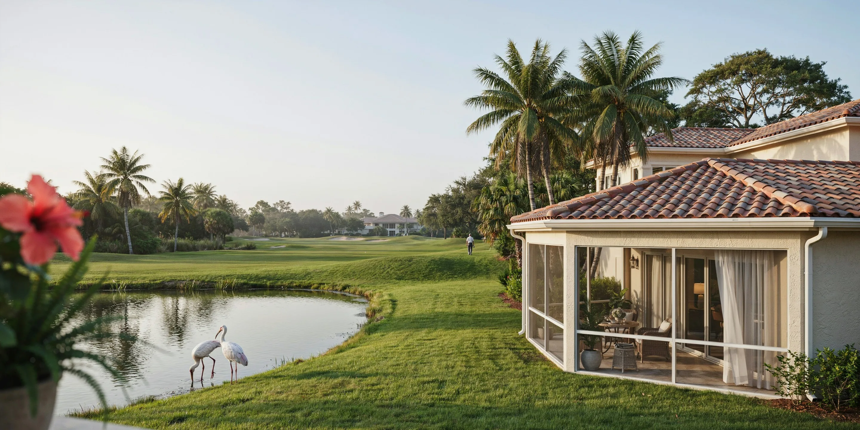Screened lanai overlooking a golf course lake at Longboat Key Club, FL