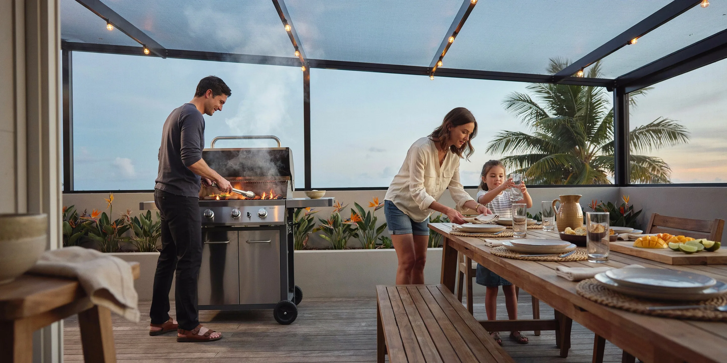 Family dinner on a screened lanai on Palm Island, Siesta Key, FL