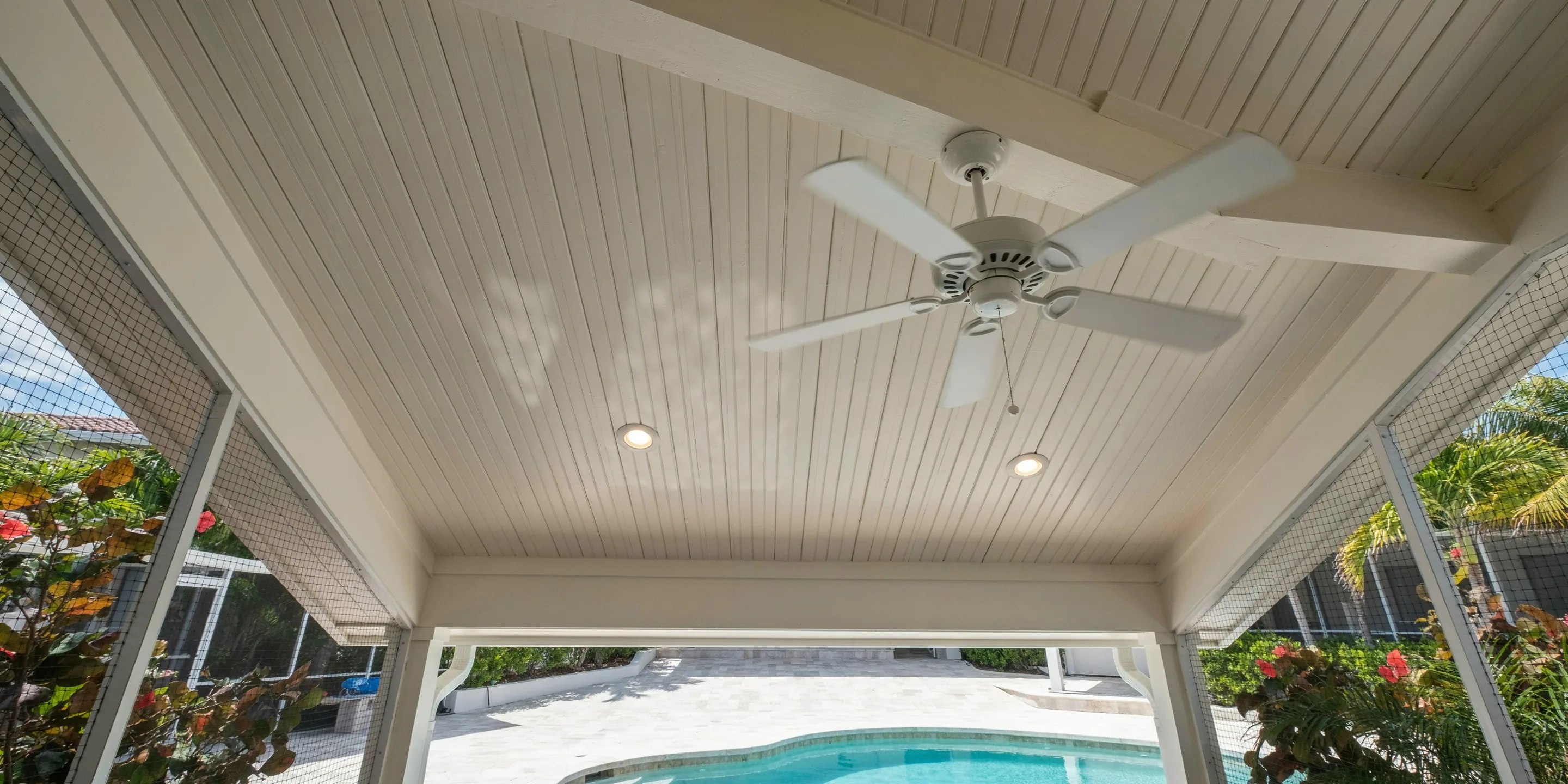 Covered lanai over a pool on Roberts Point, Siesta Key, FL