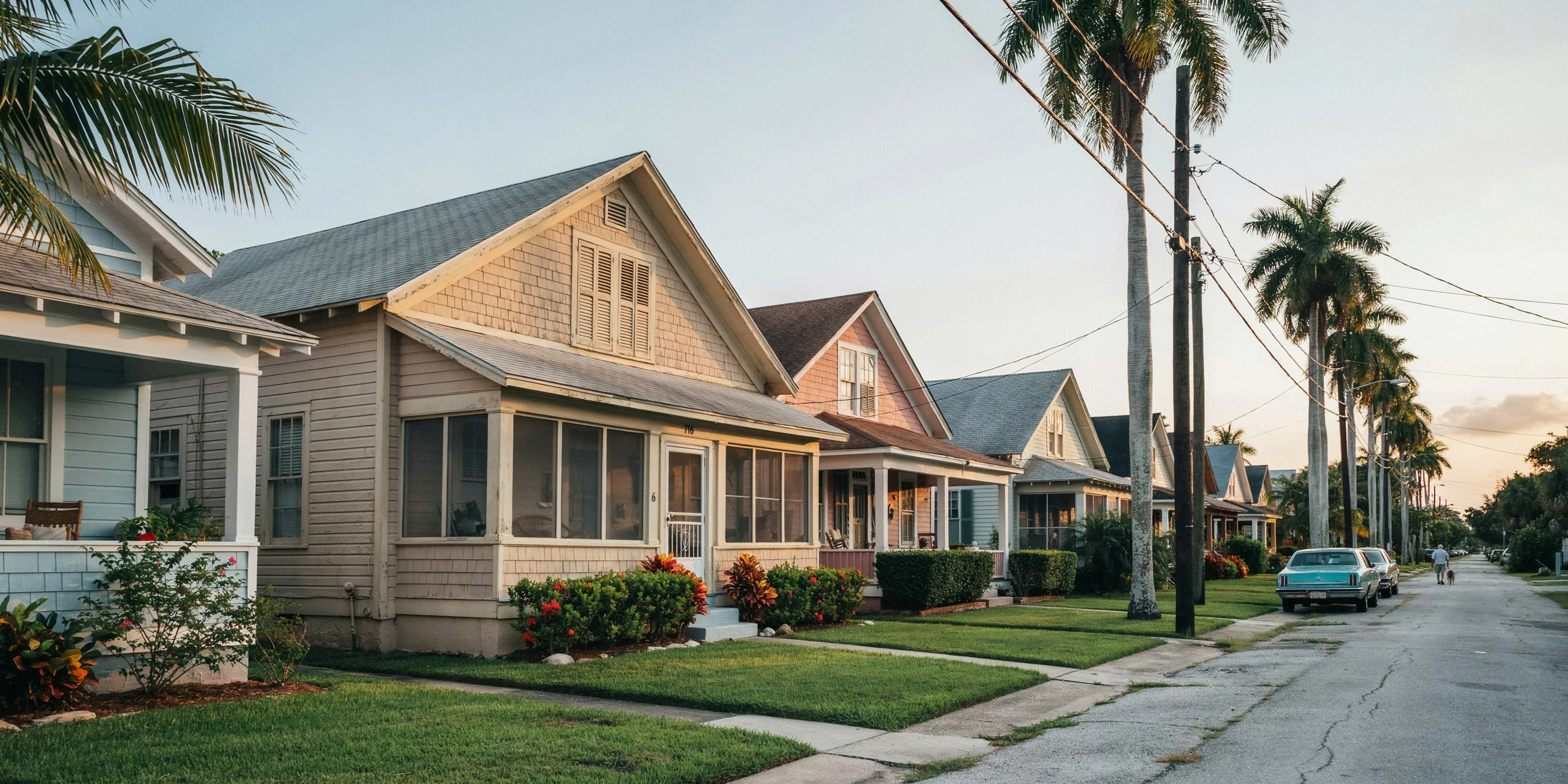 Screened bungalows on a palm-lined street on St. Armands Key, FL